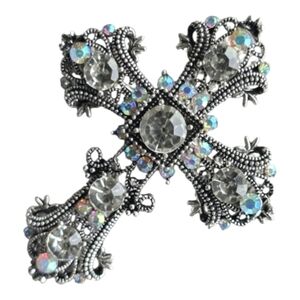 Silver Victorian Cross Brooch Pin Pendant Rhinestone Faith God Trinity Gothic